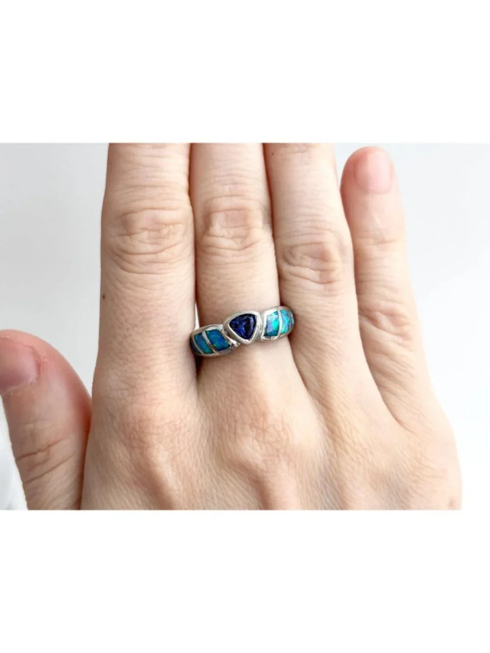 Tanzanite & Opal Framed Gemstone Sterling Silver 925 Vintage Ring - sz 7.25